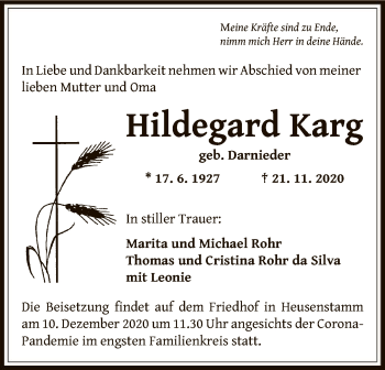 Traueranzeige von Hildegard Karg von OF