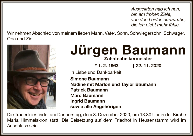  Traueranzeige für Jürgen Baumann vom 02.12.2020 aus OF