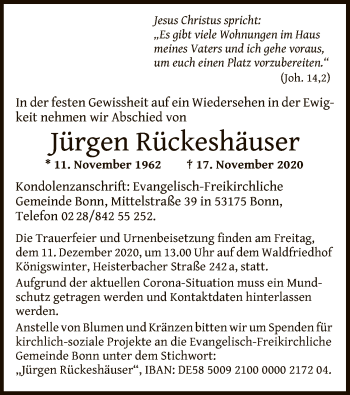 Traueranzeige von Jürgen Rückeshäuser von OF