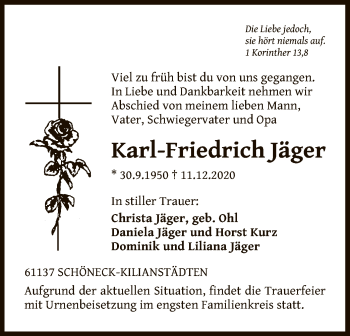 Traueranzeige von Karl-Friedrich Jäger von OF