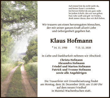 Traueranzeige von Klaus Hofmann von OF