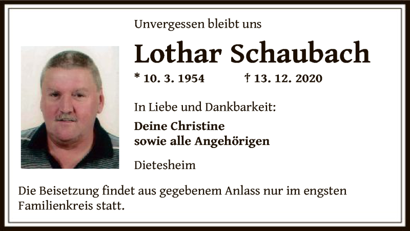  Traueranzeige für Lothar Schaubach vom 17.12.2020 aus OF