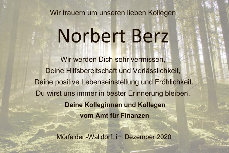  Traueranzeige für Norbert Berz vom 24.12.2020 aus OF