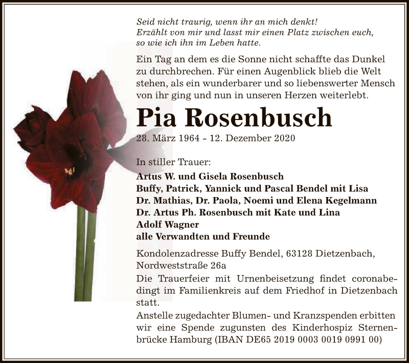  Traueranzeige für Pia Rosenbusch vom 24.12.2020 aus OF