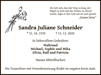 Traueranzeige von Sandra Juliane Schneider von OF