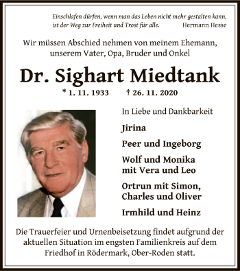 Traueranzeige von Sighart Miedtank von OF