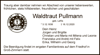 Traueranzeige von Waldtraut Pullmann von OF