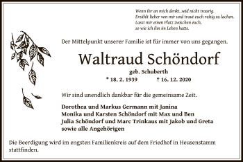 Traueranzeige von Waltraud Schöndorf von OF