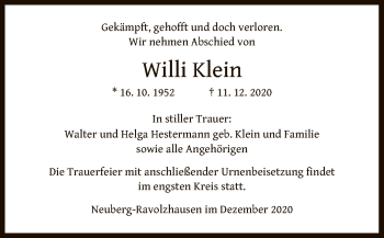 Traueranzeige von Willi Klein von OF