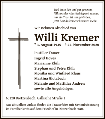 Traueranzeige von Willi Kremer von OF