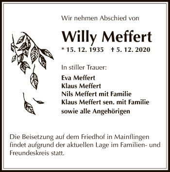 Traueranzeige von Willy Meffert von OF