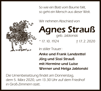 Traueranzeige von Agnes Strauß von Offenbach