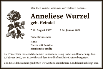 Traueranzeige von Anneliese Wurzel von Offenbach