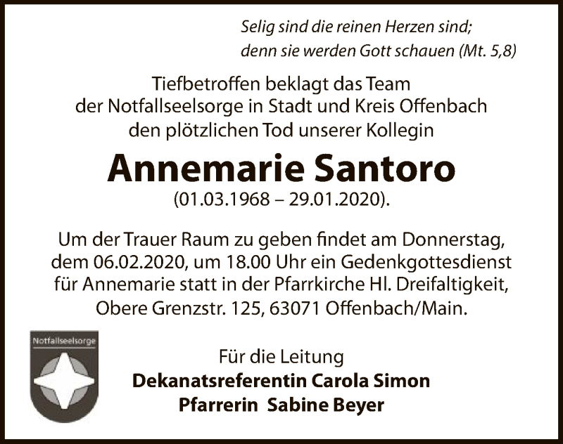  Traueranzeige für Annemarie Santoro vom 01.02.2020 aus Offenbach