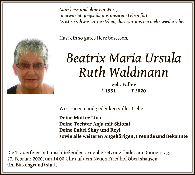  Traueranzeige für Beatrix Maria Ursula Ruth Waldmann vom 20.02.2020 aus Offenbach