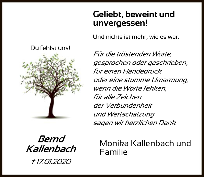  Traueranzeige für Bernd Kallenbach vom 13.02.2020 aus Offenbach