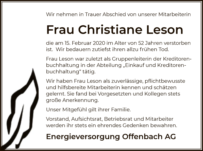  Traueranzeige für Christiane Leson vom 22.02.2020 aus Offenbach