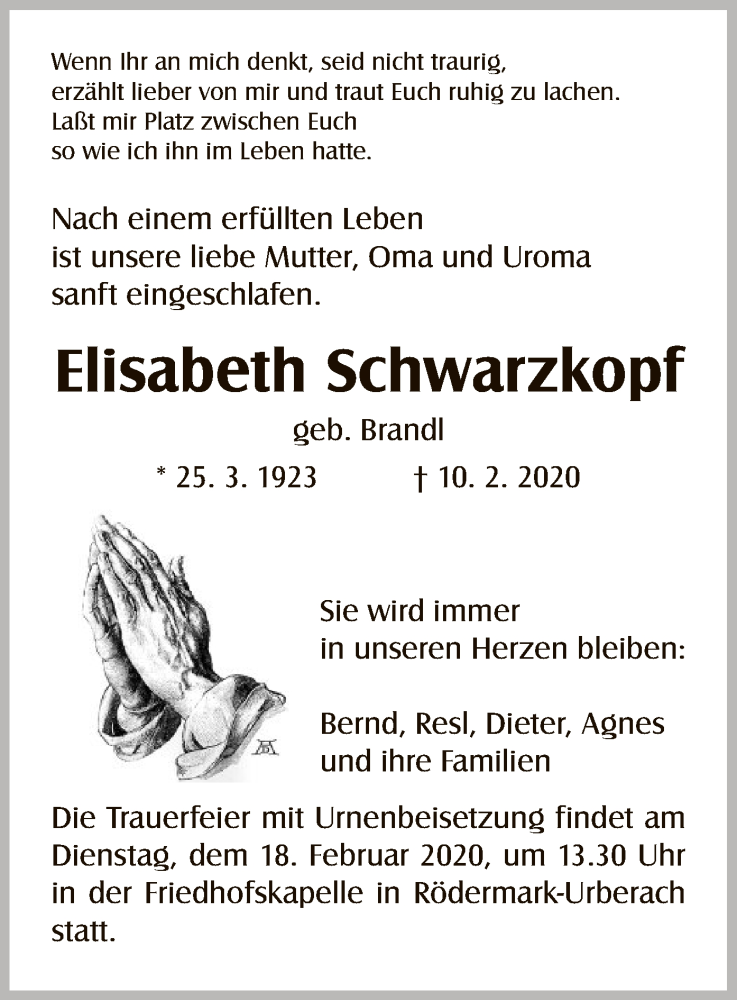  Traueranzeige für Elisabeth Schwarzkopf vom 13.02.2020 aus Offenbach