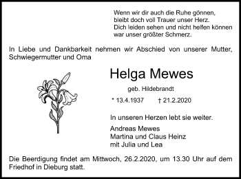 Traueranzeige von Helga Mewes von Offenbach