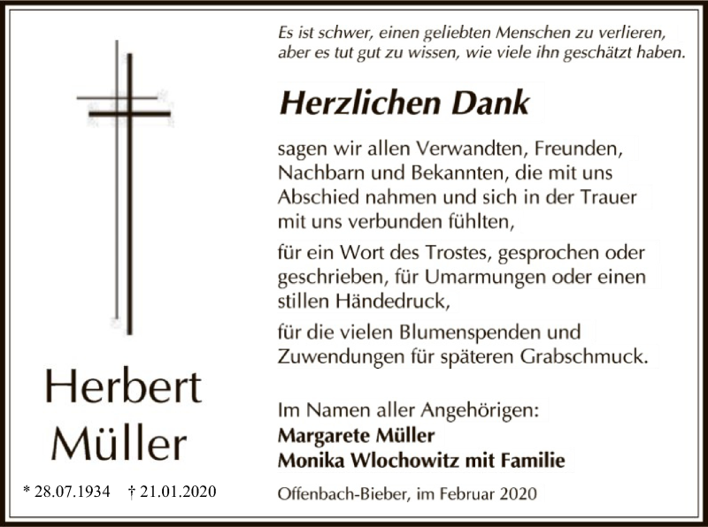  Traueranzeige für Herbert Müller vom 19.02.2020 aus Offenbach