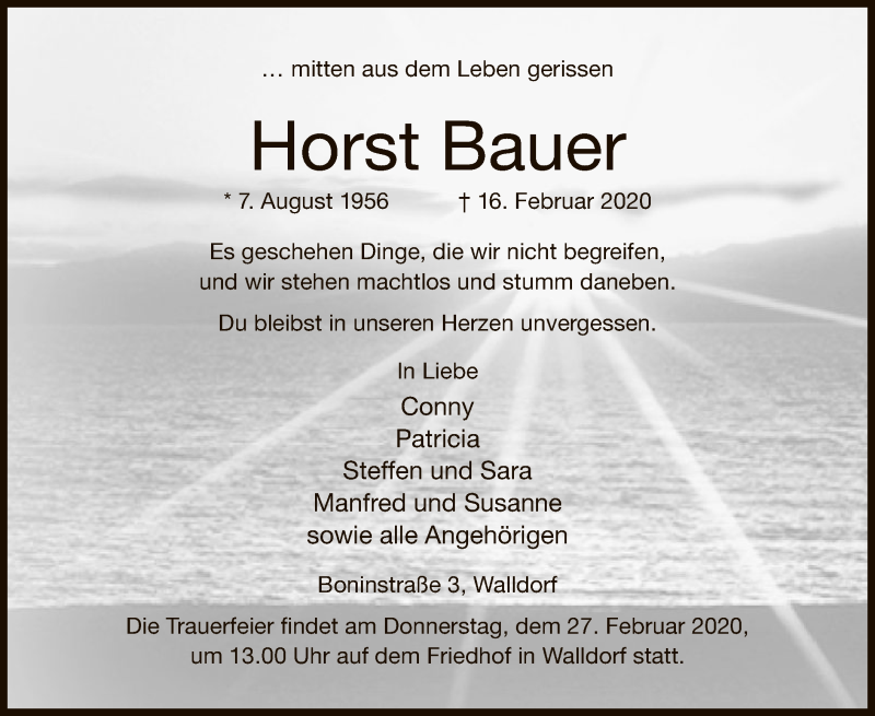  Traueranzeige für Horst Bauer vom 20.02.2020 aus Offenbach