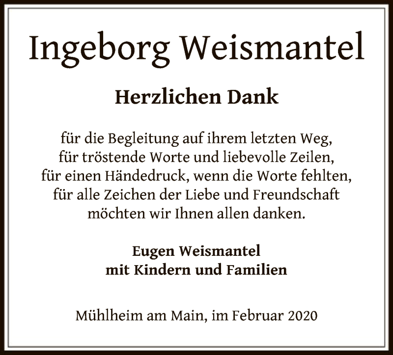  Traueranzeige für Ingeborg Weismantel vom 08.02.2020 aus Offenbach