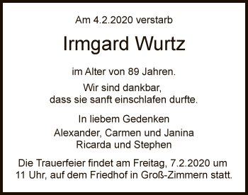 Traueranzeige von Irmgard Wurtz von Offenbach