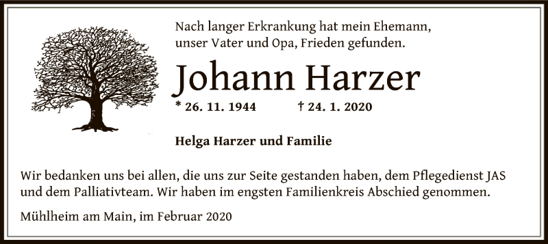  Traueranzeige für Johann Harzer vom 06.02.2020 aus Offenbach