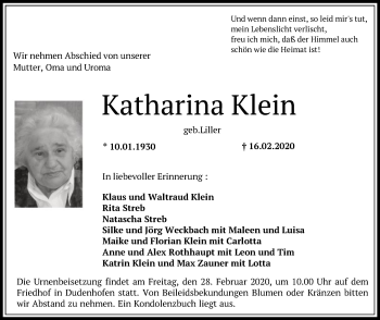 Traueranzeige von Katharina Klein von Offenbach