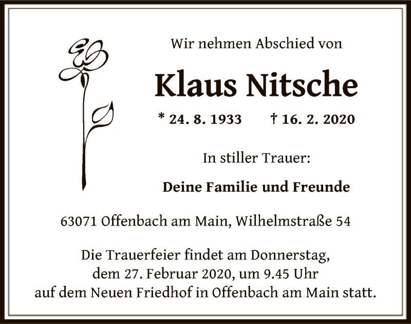  Traueranzeige für Klaus Nitsche vom 22.02.2020 aus Offenbach