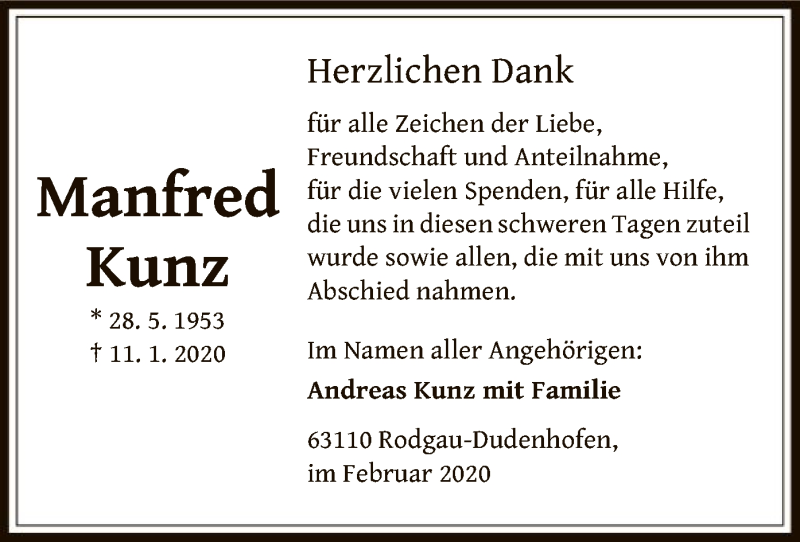  Traueranzeige für Manfred Kunz vom 06.02.2020 aus Offenbach