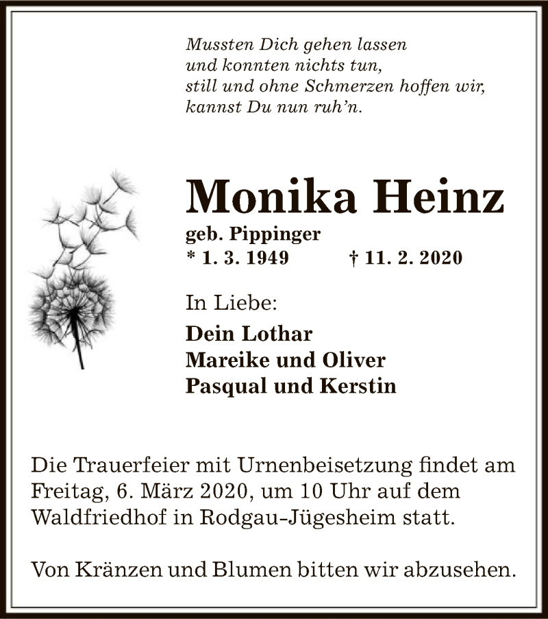  Traueranzeige für Monika Heinz vom 29.02.2020 aus Offenbach
