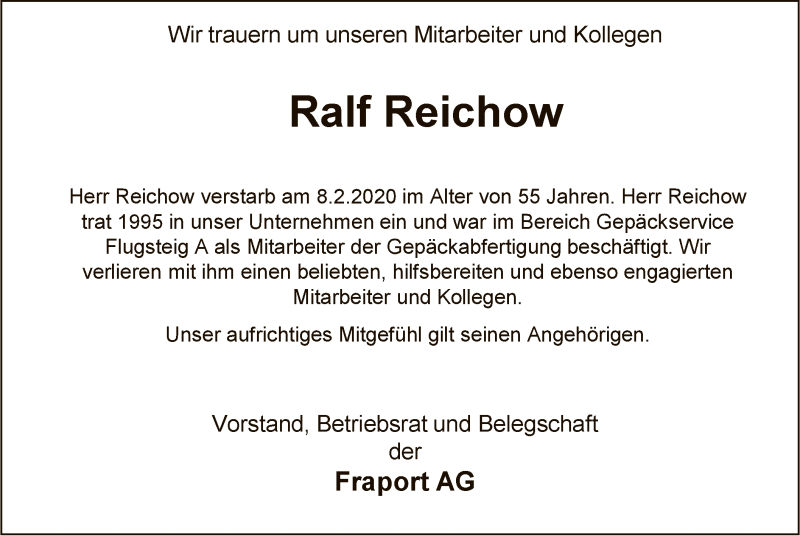 Traueranzeige für Ralf Reichow vom 20.02.2020 aus Offenbach