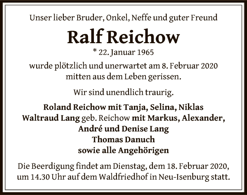 Traueranzeige für Ralf Reichow vom 13.02.2020 aus Offenbach