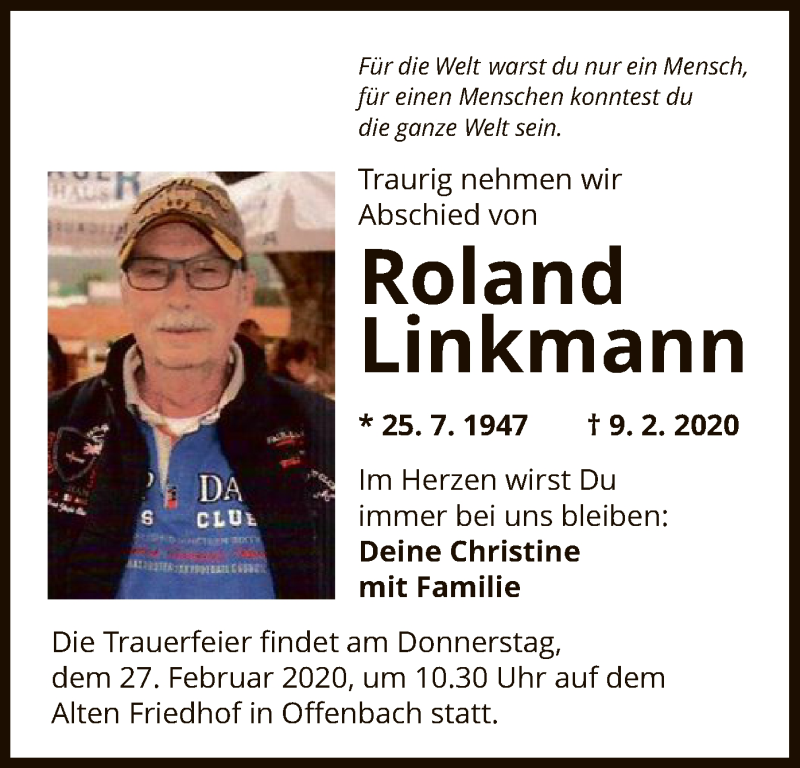  Traueranzeige für Roland Linkmann vom 26.02.2020 aus Offenbach