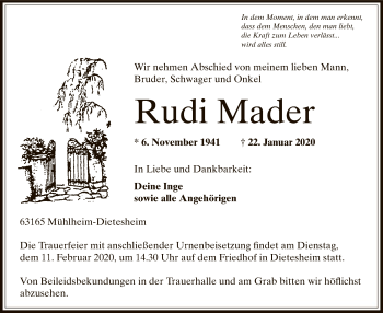 Traueranzeige von Rudi Mader von Offenbach