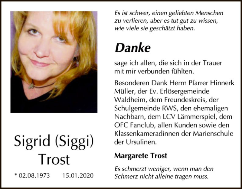  Traueranzeige für Sigrid Trost vom 12.02.2020 aus Offenbach