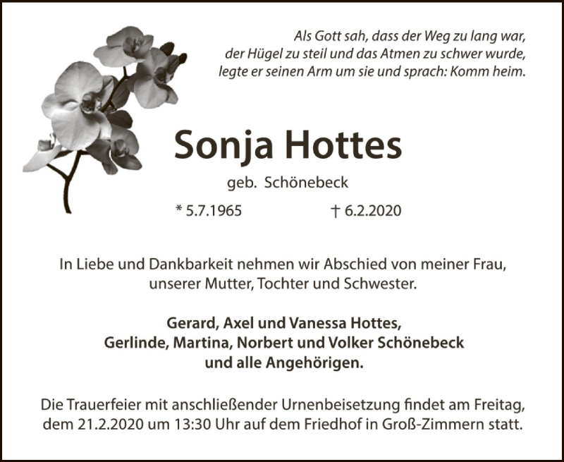  Traueranzeige für Sonja Hottes vom 15.02.2020 aus Offenbach