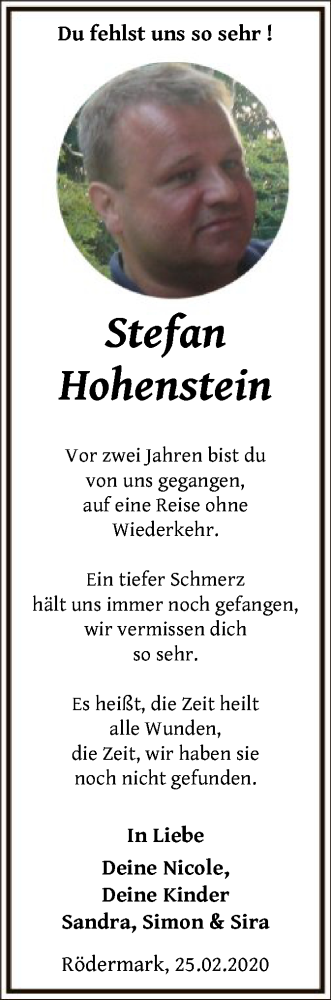  Traueranzeige für Stefan Hohenstein vom 27.02.2020 aus Offenbach