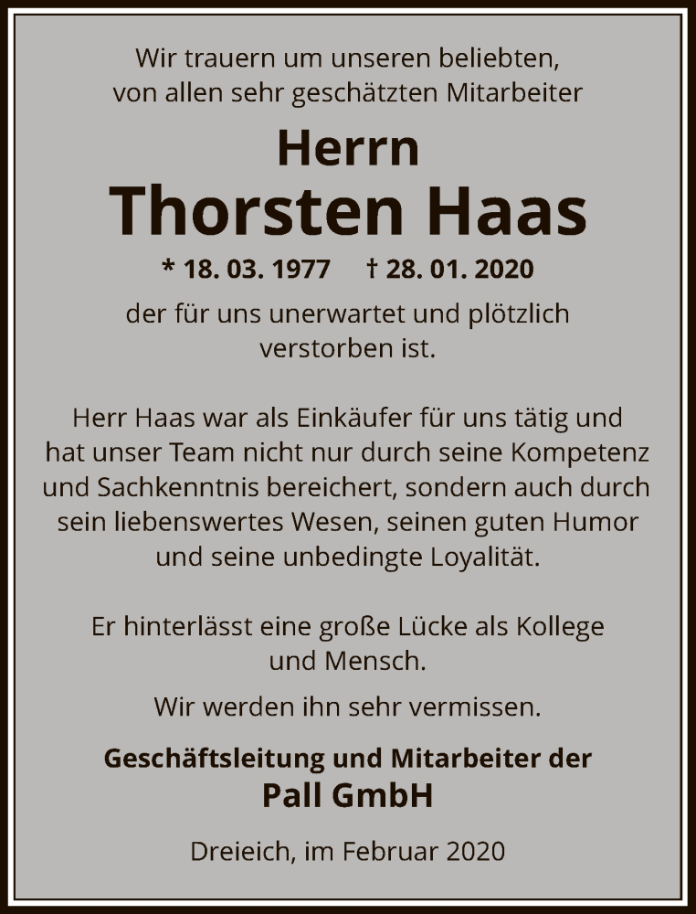 Traueranzeige für Thorsten Haas vom 08.02.2020 aus Offenbach