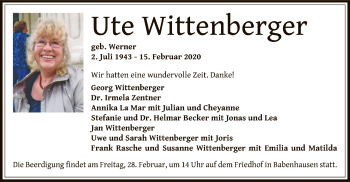 Traueranzeige von Ute Wittenberger von Offenbach