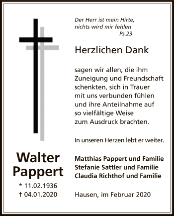 Traueranzeige von Walter Pappert von Offenbach