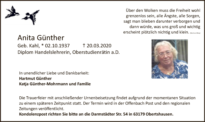  Traueranzeige für Anita Günther vom 28.03.2020 aus Offenbach
