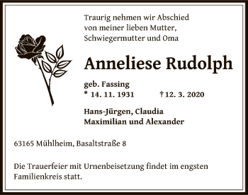 Traueranzeige von Anneliese Rudolph von Offenbach