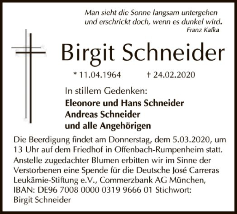  Traueranzeige für Birgit Schneider vom 04.03.2020 aus Offenbach