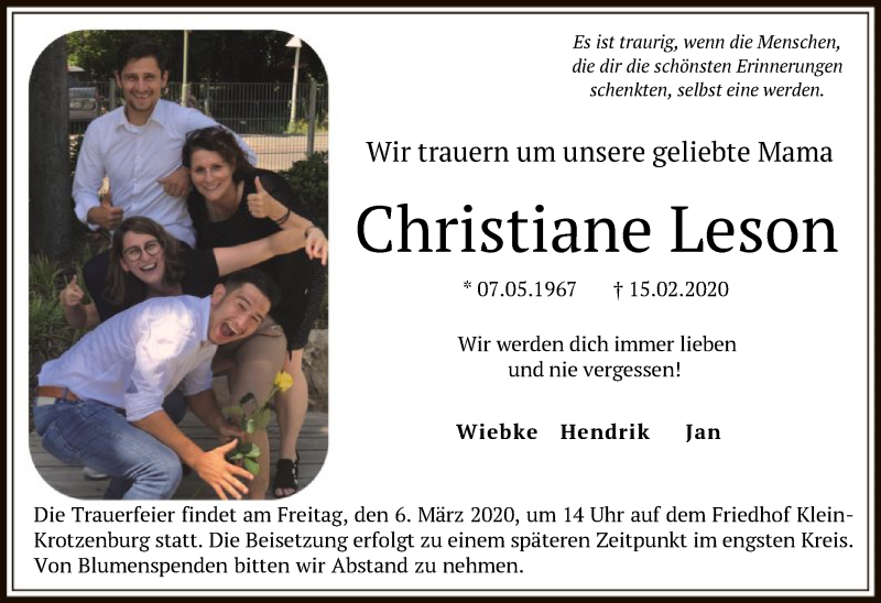  Traueranzeige für Christiane Leson vom 04.03.2020 aus Offenbach