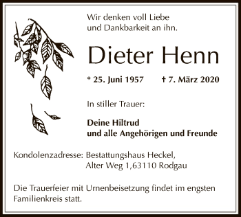 Traueranzeige von Dieter Henn von Offenbach