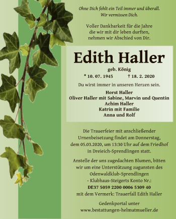 Traueranzeige von Edith Haller von Offenbach