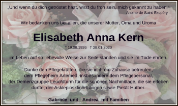 Traueranzeige von Elisabeth Anna Kern von Offenbach