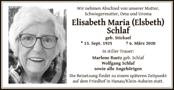 Traueranzeige von Elisabeth Maria Schlaf von Offenbach